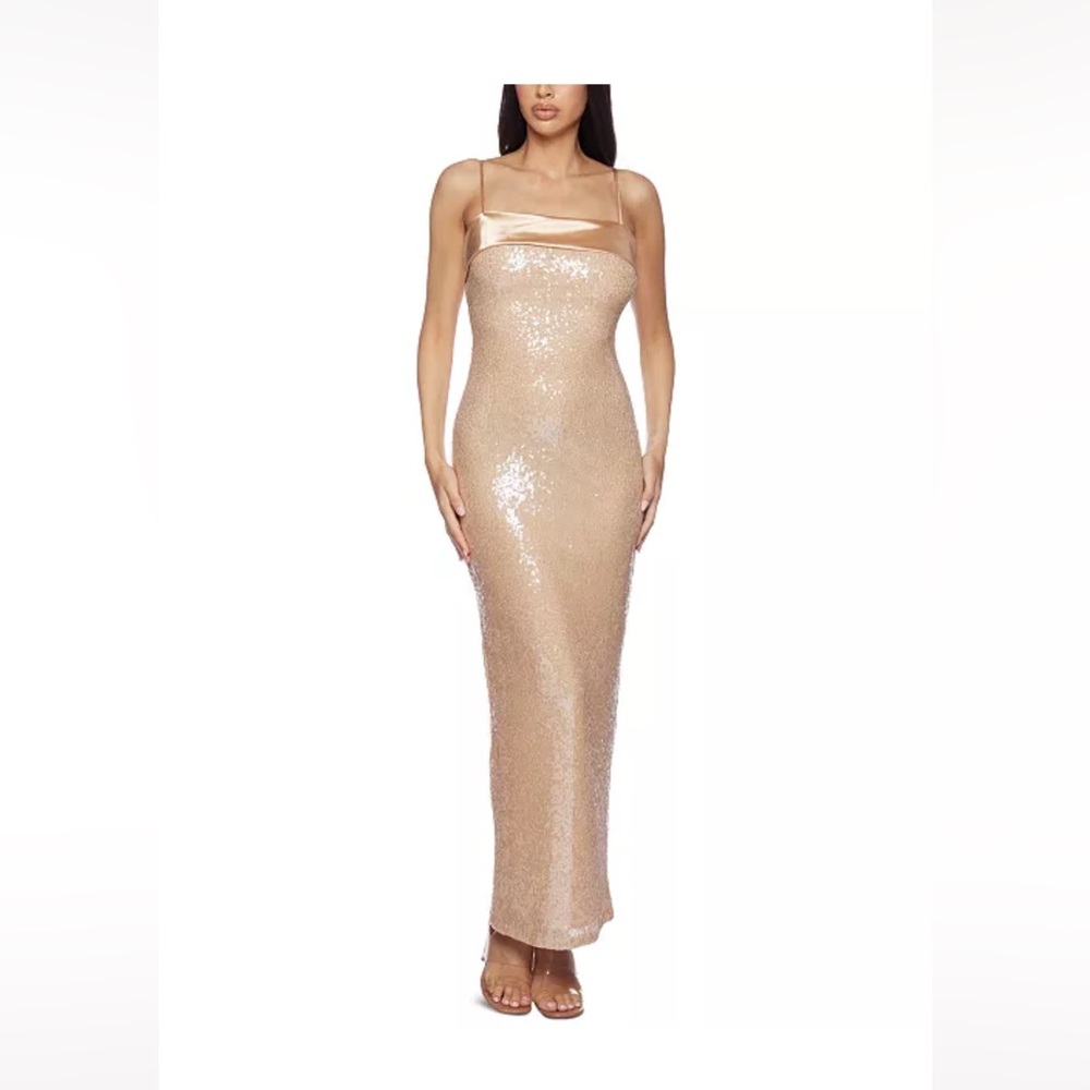 B Darlin Champagne Gold Sequin Strapless Gown